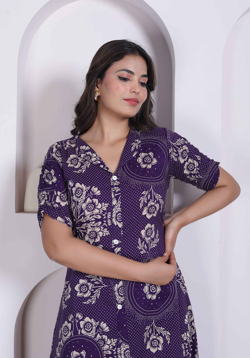 Miravan Womens Floral Printed A line Shirt Collar Maxi Dress
