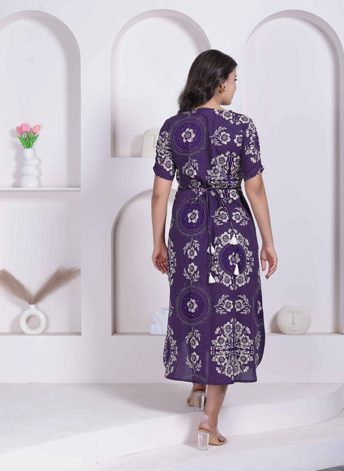 Miravan Womens Floral Printed A line Shirt Collar Maxi Dress