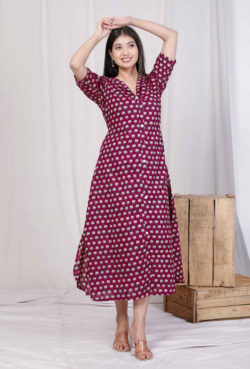 Miravan Womens Relaxed Fit Red Floral Printed A Line Pure Cotton Midi Dress