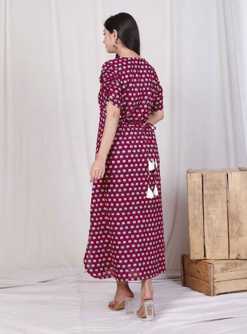 Miravan Womens Relaxed Fit Red Floral Printed A Line Pure Cotton Midi Dress