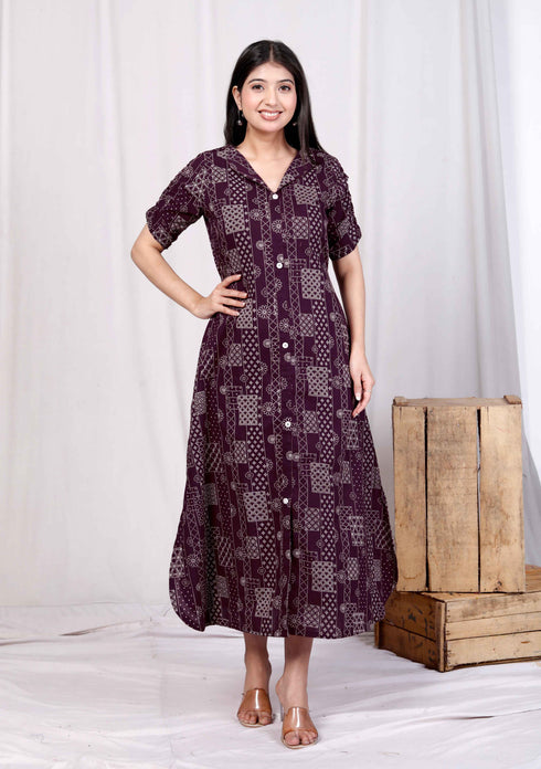 Miravan Womens Wine Mandarin Neck Floral Printed A Line Party wear Maxi Dress