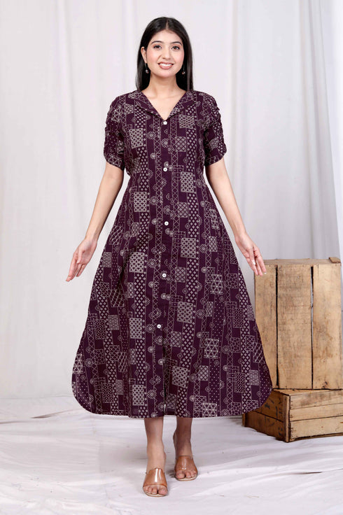 Miravan Womens Wine Mandarin Neck Floral Printed A Line Party wear Maxi Dress