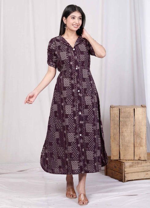 Miravan Womens Wine Mandarin Neck Floral Printed A Line Party wear Maxi Dress