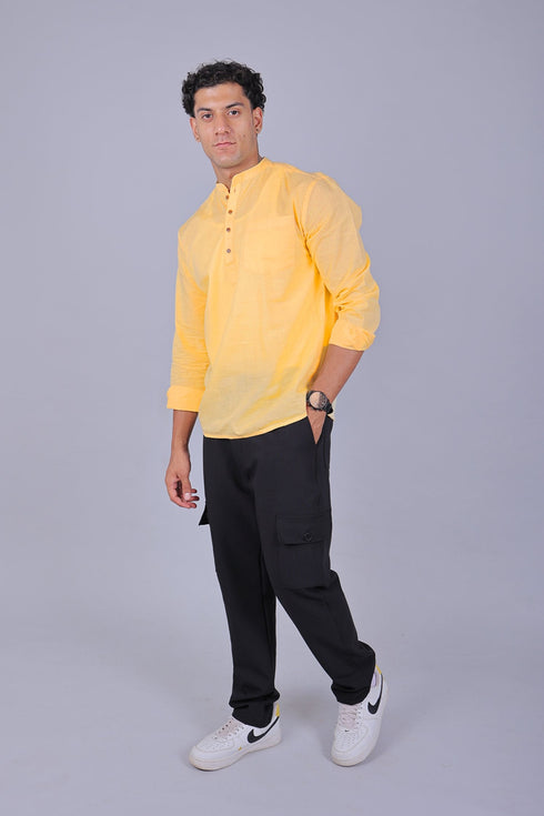Veshbhoshaa Bluebird Men'S Short Kurta In Yellow - 100% Pure Cotton