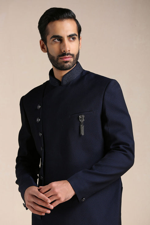 Manyavar Navy Blue Angrakha Style Indo Western Set