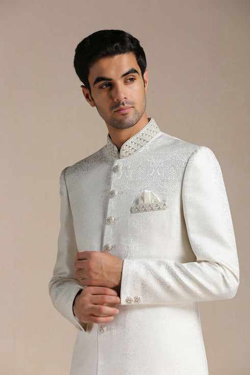 Manyavar Off White Medallion Patterened Brocade Indo Western Set