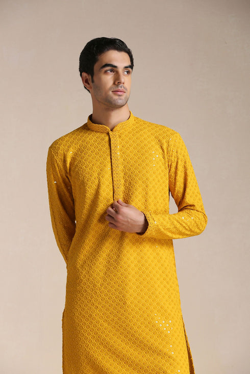 Manyavar Light Orange Chikankari Kurta Set