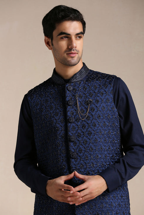 Manyavar Navy Blue Kurta Jacket Set