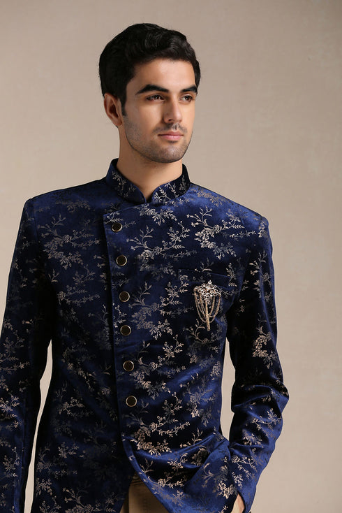 Manyavar Neon Navy Blue Botanical Print Indo Western Set