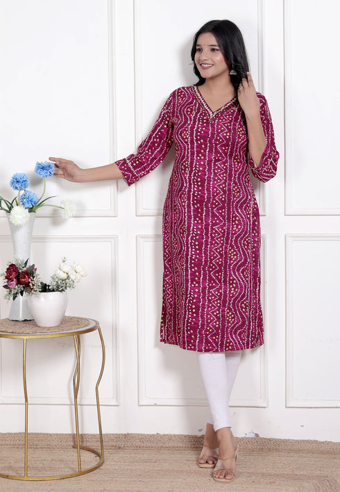 Miravan Womens Bandhej Printed Rayon Kurti Magenta