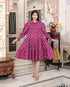 Miravan Womens Magenta Collar Neck Long Puff Sleeve Gathered Tiered Loose Fit A Line Dress
