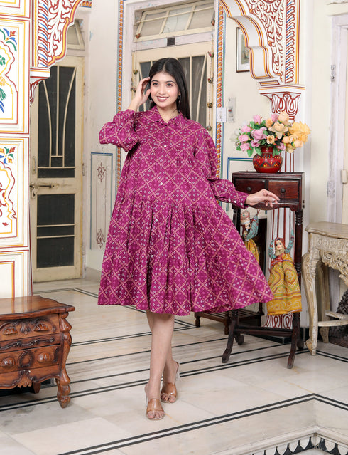 Miravan Womens Magenta Collar Neck Long Puff Sleeve Gathered Tiered Loose Fit A Line Dress