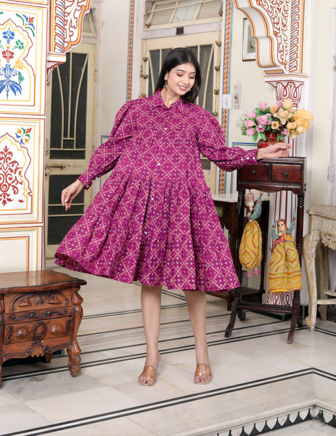 Miravan Womens Magenta Collar Neck Long Puff Sleeve Gathered Tiered Loose Fit A Line Dress