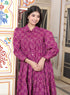 Miravan Womens Magenta Collar Neck Long Puff Sleeve Gathered Tiered Loose Fit A Line Dress