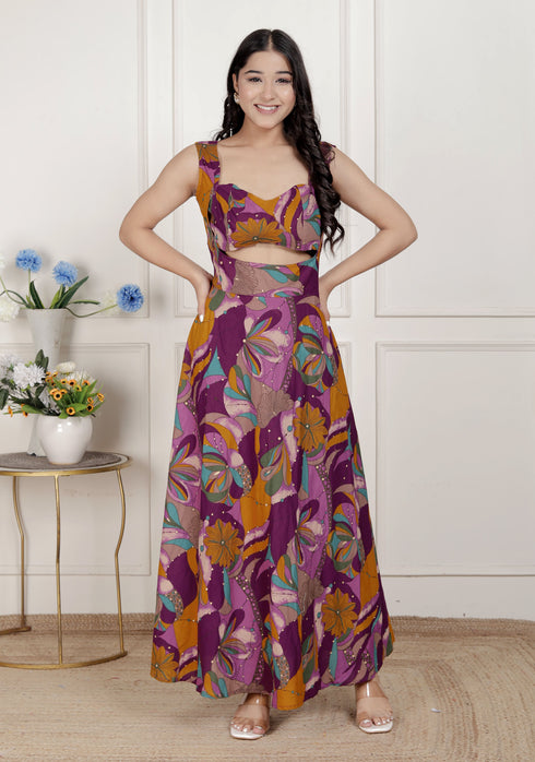 Miravan Womens Purple Pure Cotton Floral Printed Sleeveless Cut Out Western Dress