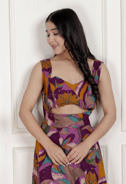 Miravan Womens Purple Pure Cotton Floral Printed Sleeveless Cut Out Western Dress