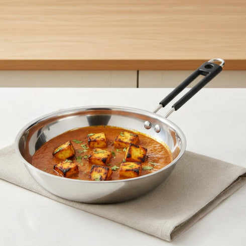 Vinod Stainless Steel Heavy Bottom Royal Fry Pan Dishwasher Safe Gas Stove and Induction Compatible Durable 20 Cm Frying Pan Soft Touch Handle Kitchen Utensil