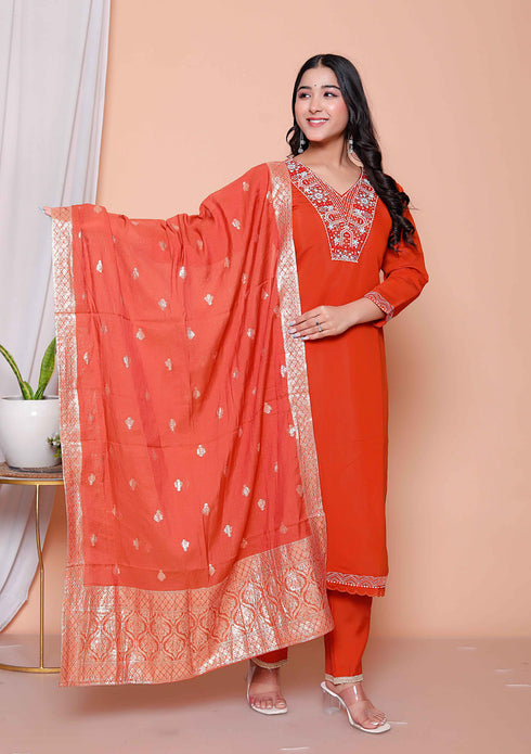 Miravan Womens Orange Embroidery Straigh Kurta with Palazzo and Dupatta set