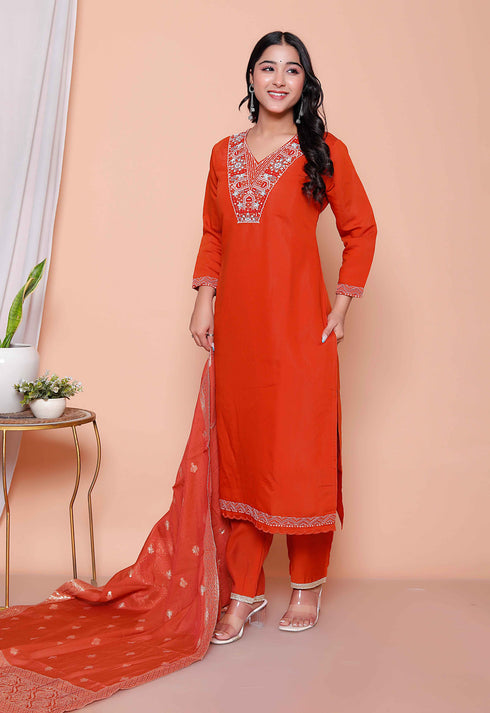 Miravan Womens Orange Embroidery Straigh Kurta with Palazzo and Dupatta set