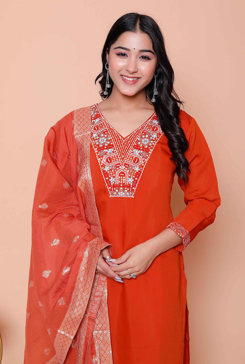 Miravan Womens Orange Embroidery Straigh Kurta with Palazzo and Dupatta set