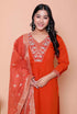 Miravan Womens Orange Embroidery Straigh Kurta with Palazzo and Dupatta set