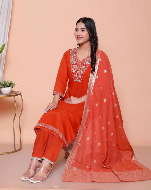 Miravan Womens Orange Embroidery Straigh Kurta with Palazzo and Dupatta set
