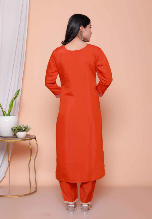 Miravan Womens Orange Embroidery Straigh Kurta with Palazzo and Dupatta set