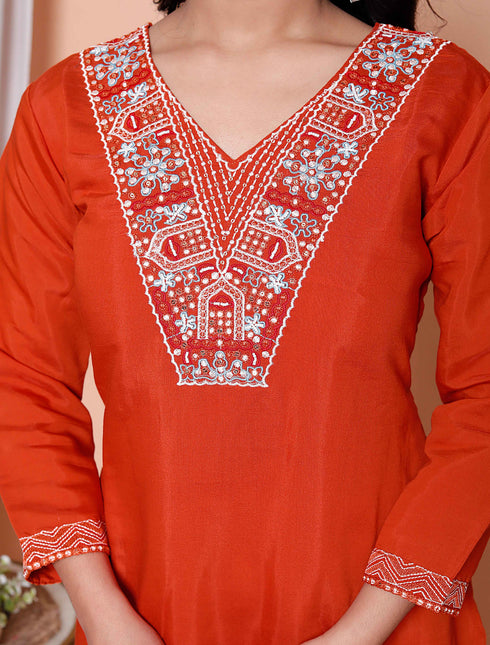 Miravan Womens Orange Embroidery Straigh Kurta with Palazzo and Dupatta set