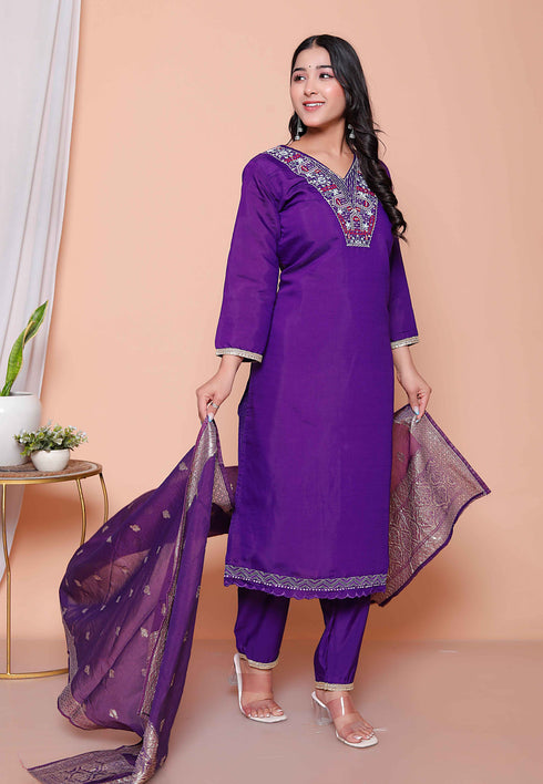 Miravan Womens Purple Muslin Stright kurta and palazzo with dupatta Suit set