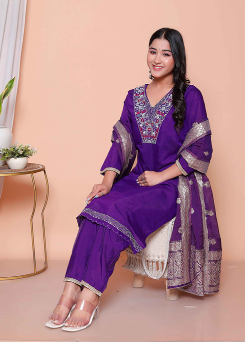 Miravan Womens Purple Muslin Stright kurta and palazzo with dupatta Suit set