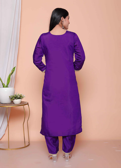 Miravan Womens Purple Muslin Stright kurta and palazzo with dupatta Suit set