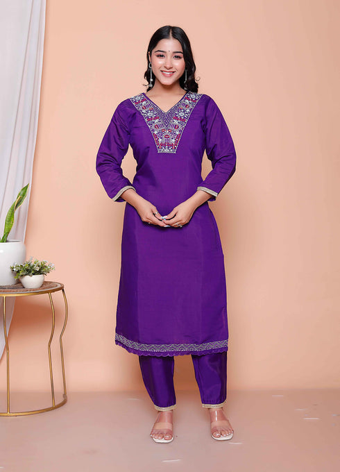 Miravan Womens Purple Muslin Stright kurta and palazzo with dupatta Suit set