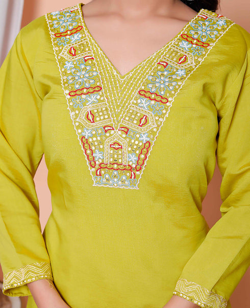 Miravan Womens Muslin Yellow Kurta and Palazzo with Dupatta Set