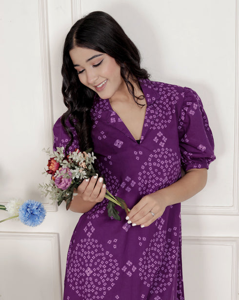 Miravan Womens Purple Bandhni printed A Line Midi Dress