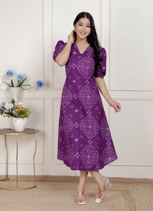 Miravan Womens Purple Bandhni printed A Line Midi Dress