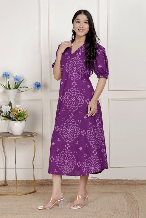 Miravan Womens Purple Bandhni printed A Line Midi Dress