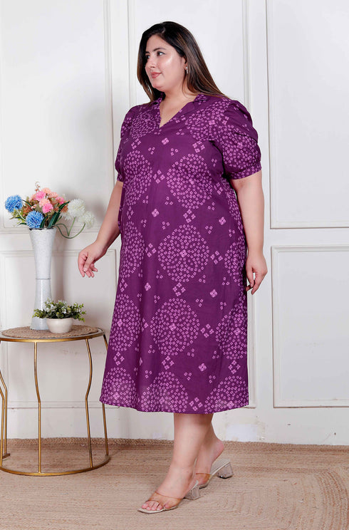 Miravan Plus Size Womens Purple Bandhni printed A Line Maxi Dress