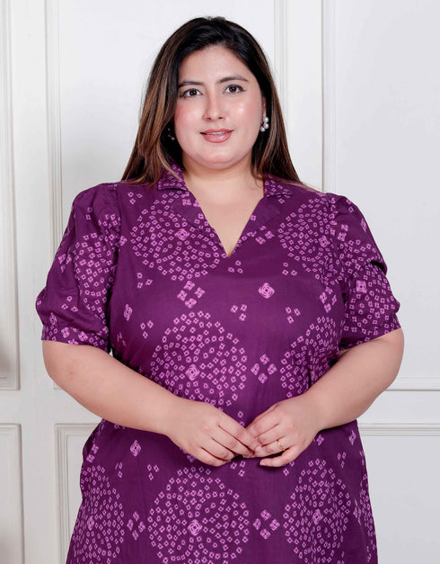 Miravan Plus Size Womens Purple Bandhni printed A Line Maxi Dress