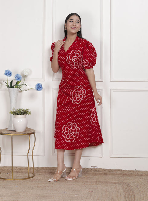 Miravan Womens Red Bandhani Printed Collar Neck Midi Dress
