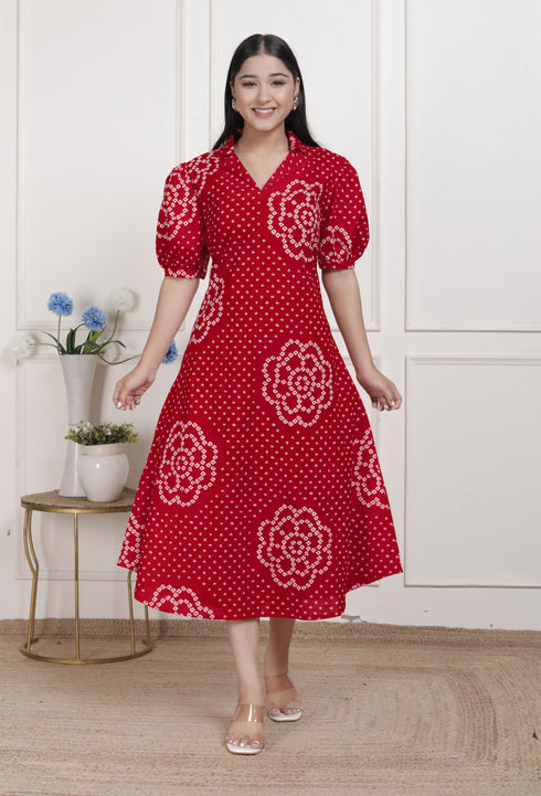 Miravan Womens Red Bandhani Printed Collar Neck Midi Dress