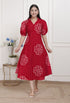 Miravan Womens Red Bandhani Printed Collar Neck Midi Dress