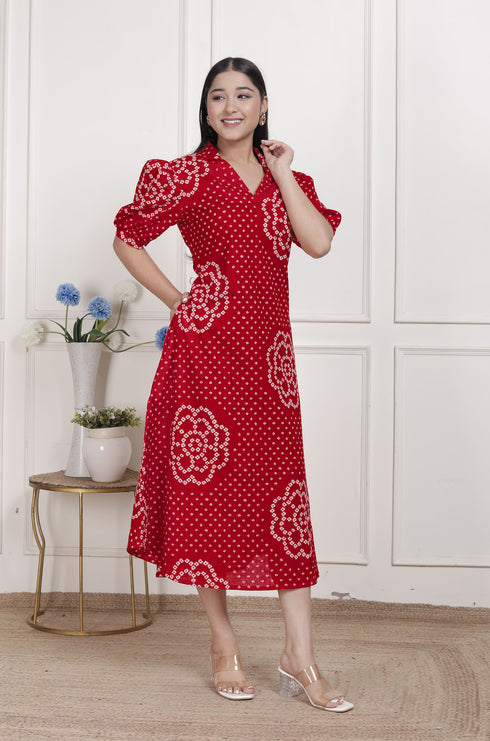 Miravan Womens Red Bandhani Printed Collar Neck Midi Dress