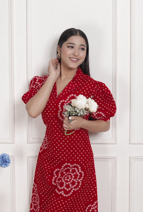 Miravan Womens Red Bandhani Printed Collar Neck Midi Dress