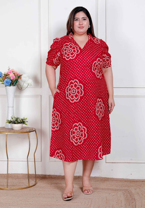 Miravan Plus Size Womens Red Bandhani Printed Collar Neck Maxi Dress