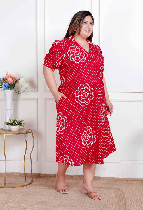 Miravan Plus Size Womens Red Bandhani Printed Collar Neck Maxi Dress