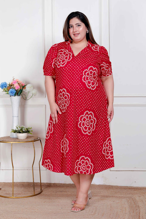 Miravan Plus Size Womens Red Bandhani Printed Collar Neck Maxi Dress