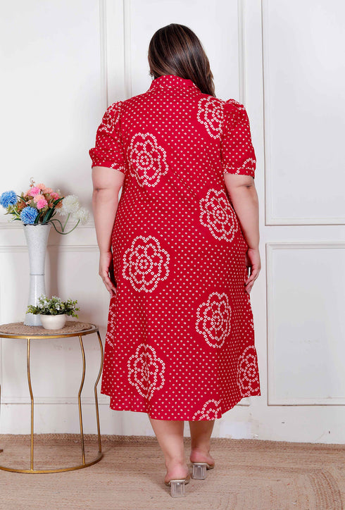 Miravan Plus Size Womens Red Bandhani Printed Collar Neck Maxi Dress