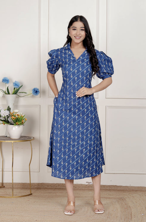 Miravan Womens Floral Print Collar Neck Puff Sleeves A Line Maxi Dress