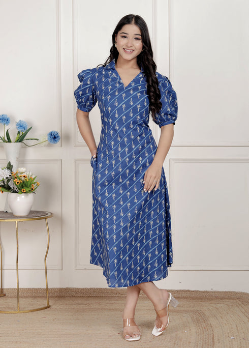 Miravan Womens Floral Print Collar Neck Puff Sleeves A Line Maxi Dress