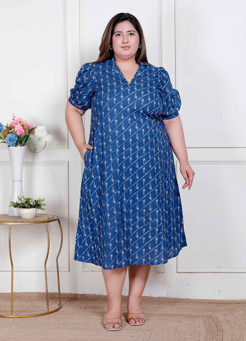 Miravan Plus Size Womens Floral Print Collar Neck Puff Sleeves A Line Maxi Dress